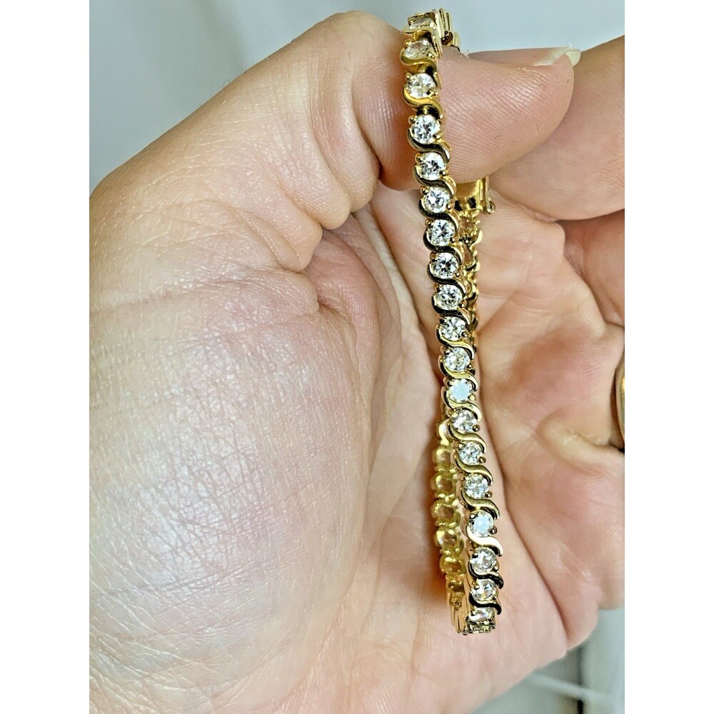 DBJ 925 Sterling Silver Gold Tone Tennis Bracelet CZ Prong Set 7" Vintage Signed - Picture 5 of 14
